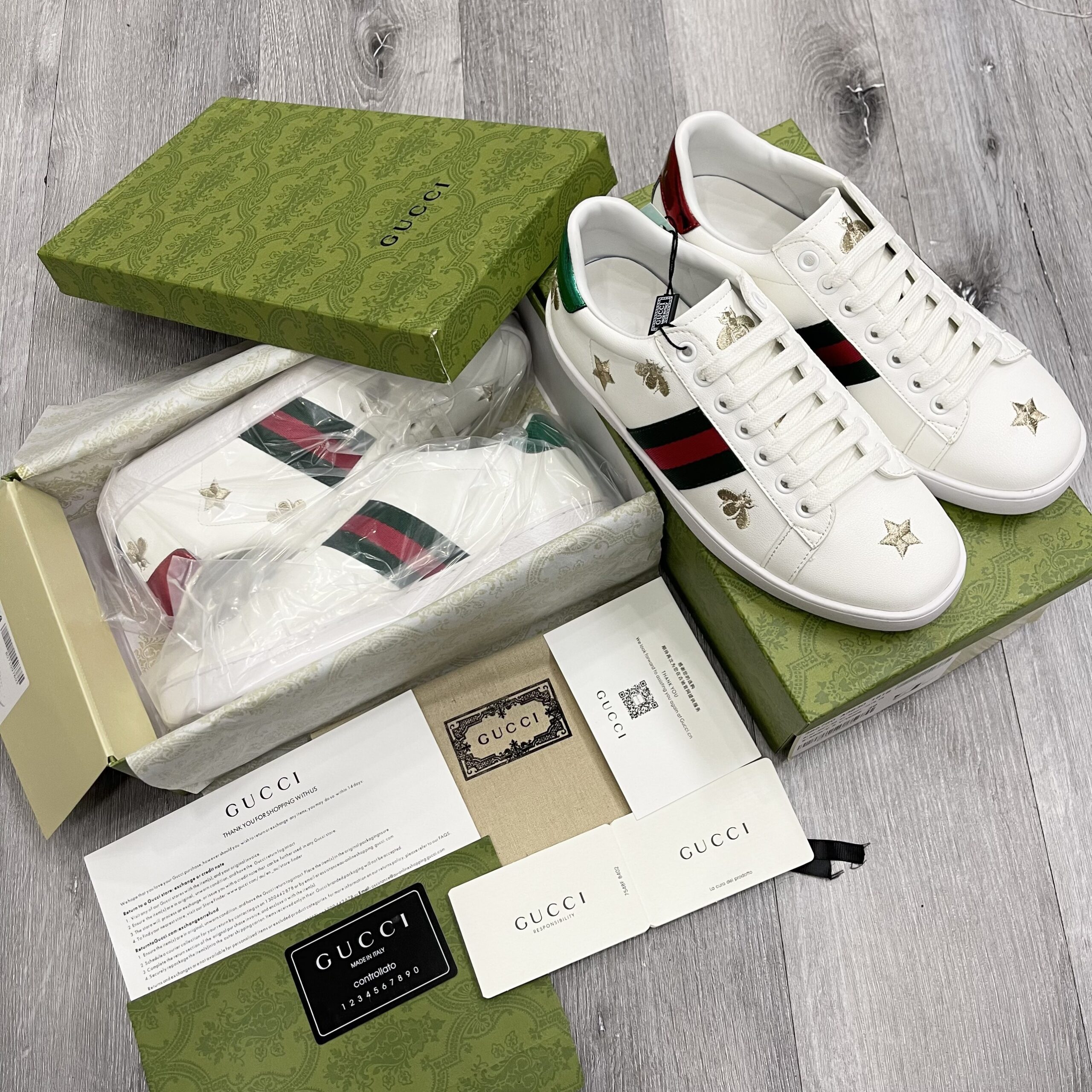 Gucci Ace Embroidered Sneaker White Leather With Bee - Ảnh 5