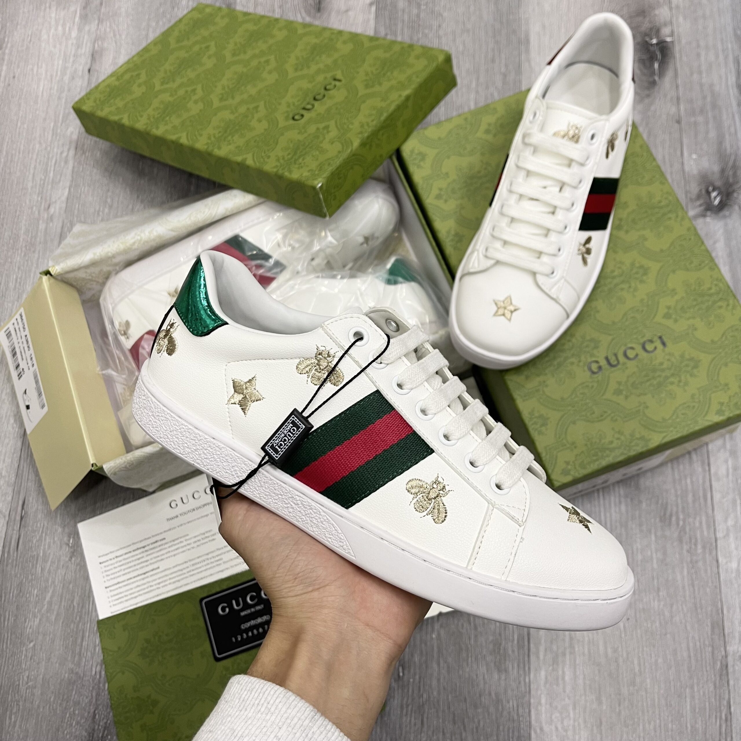 Gucci Ace Embroidered Sneaker White Leather With Bee - Ảnh 2