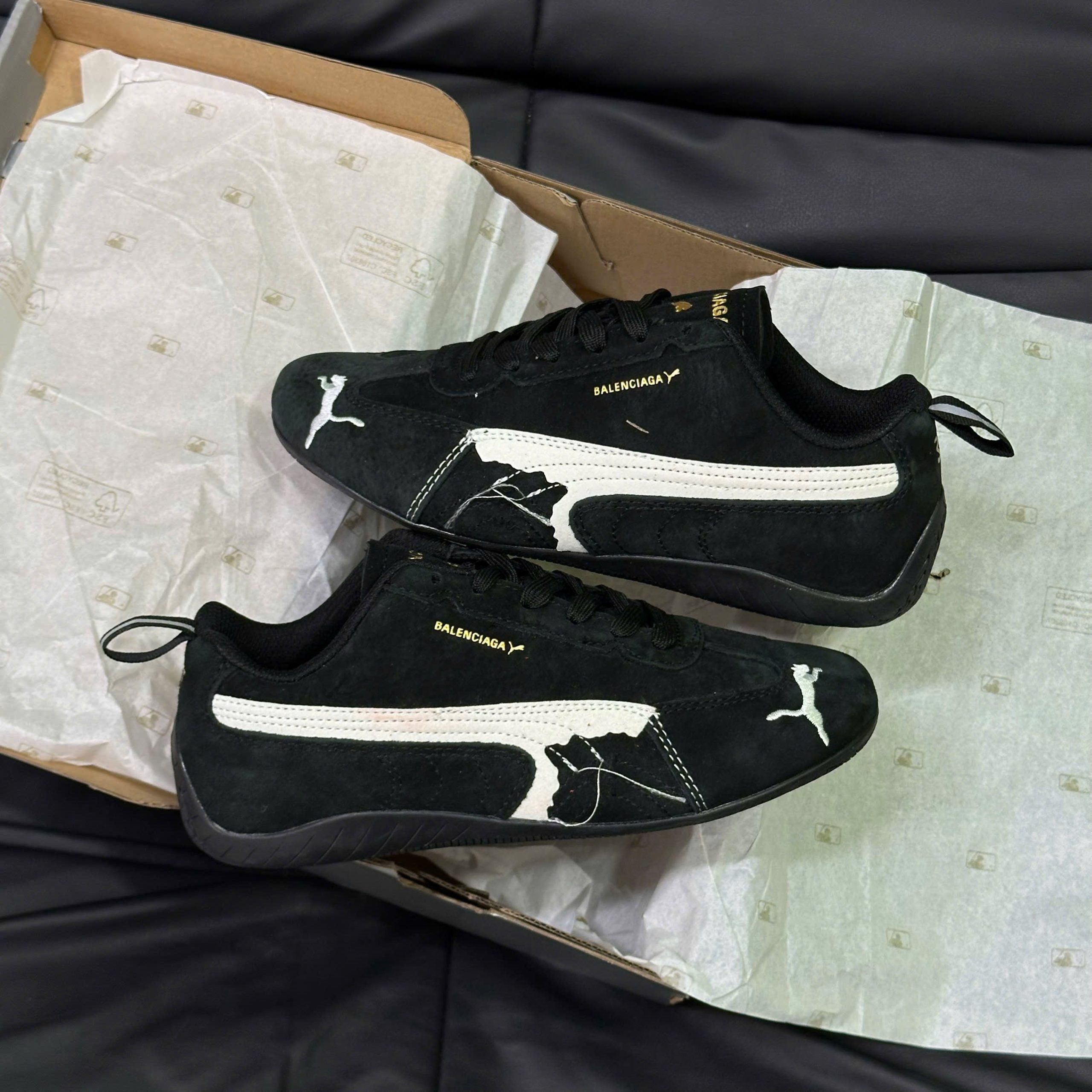 Puma x Balenciaga Speedcat Suede Distressed Black White - Ảnh 2